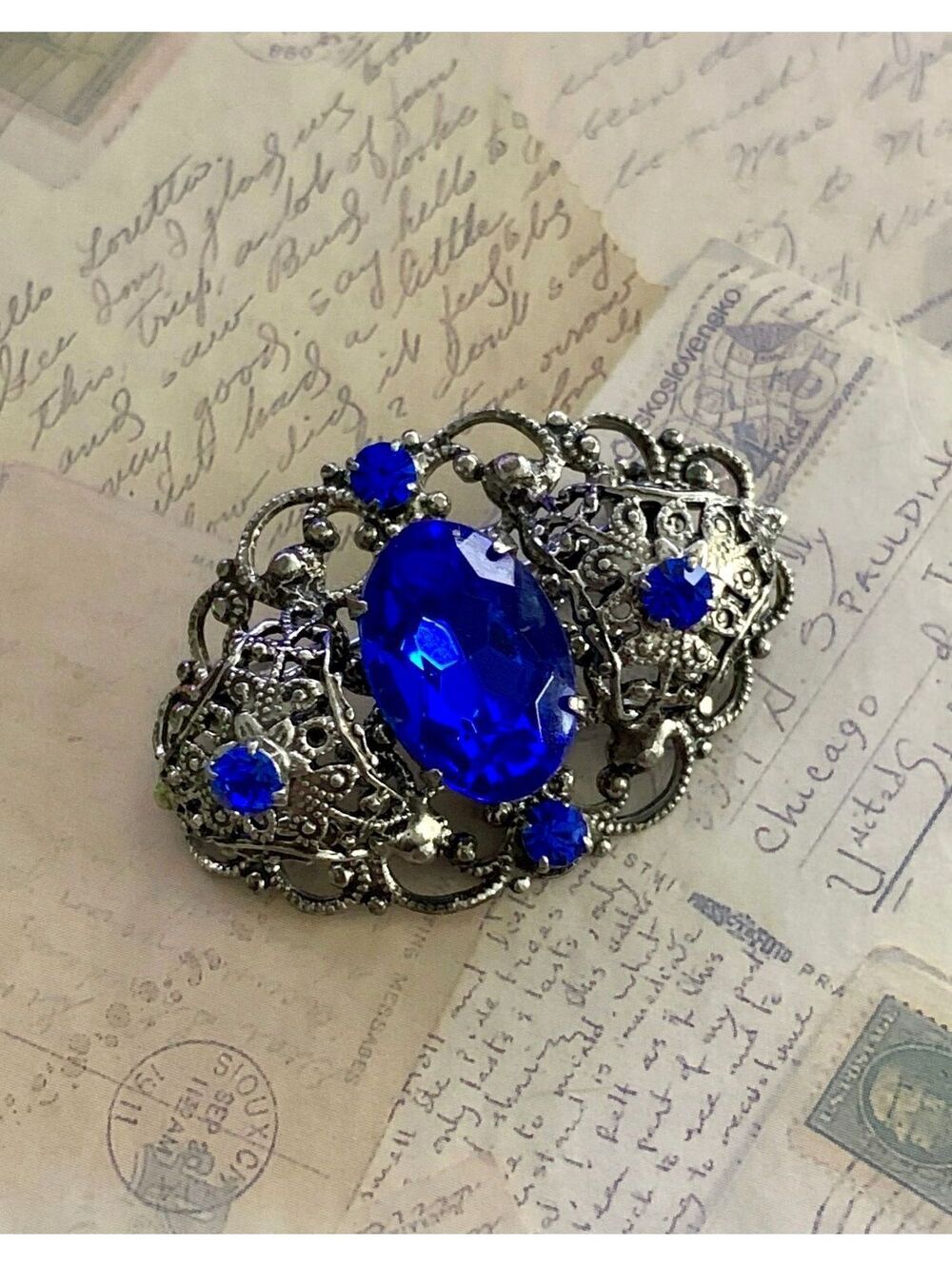 Vintage Royal Blue Crystal Filigree Victorian Revival Brooch